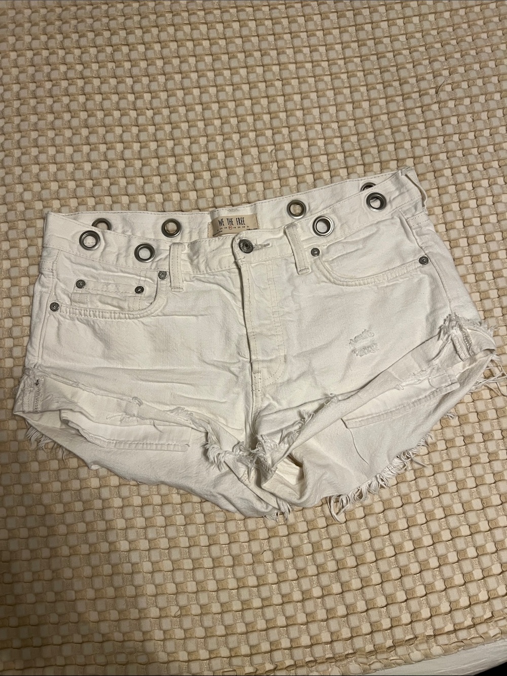 We The Free White Distressed Jean Short with Grommet Waist